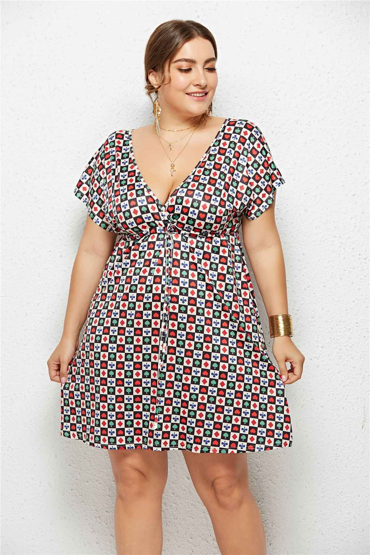 Deep V-Neck Printed Dress with Elastic Waist