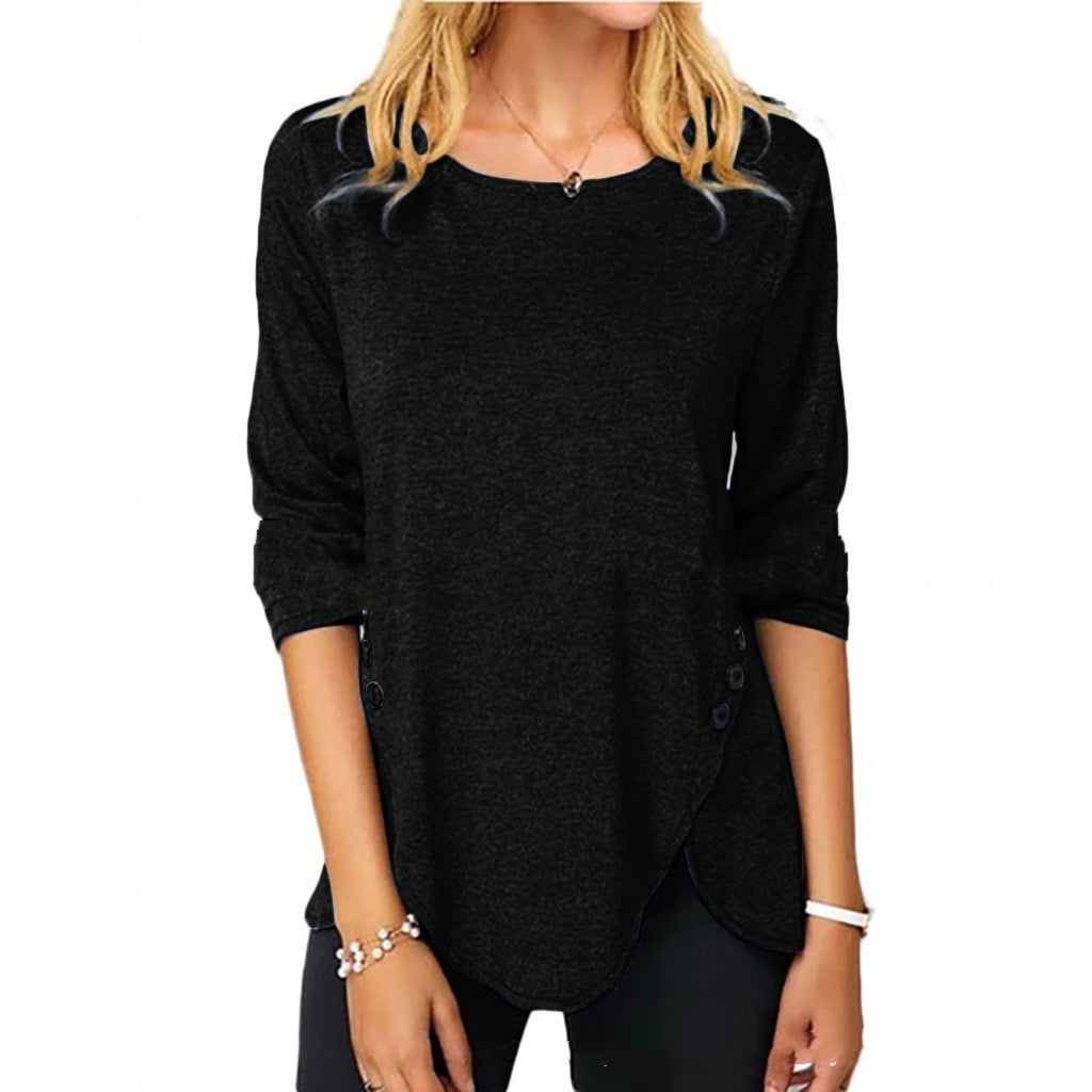 Irregular Button Hem Long Sleeved Round Neck Oversized T-shirt-US
