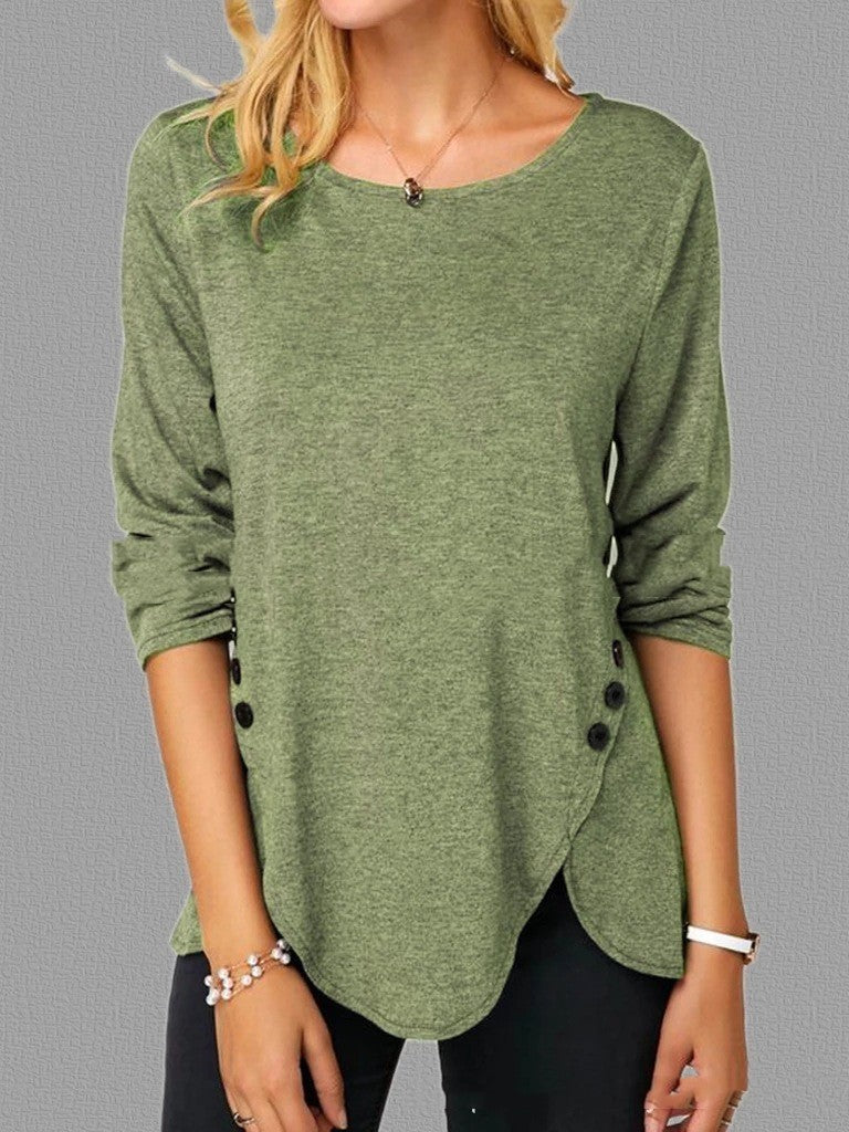 Irregular Button Hem Long Sleeved Round Neck Oversized T-shirt-US