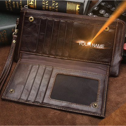 2022 Men Wallet Clutch Genuine Leather Brand Rfid Wallet Male Organizer Cell Phone Clutch Bag Long Coin Purse Free Engrave