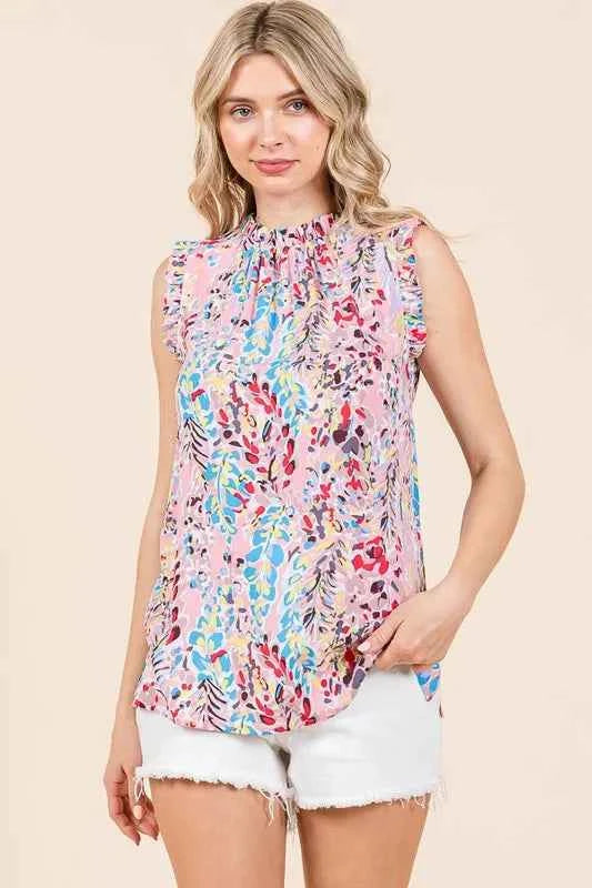 Lime ’N’ Chili Graphic Print Ruffle Trim Mock Neck Sleeveless Top – Plus Size - TreUS