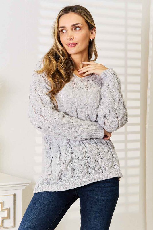 Woven Right Cable-Knit Hooded Sweater-TreUS2D