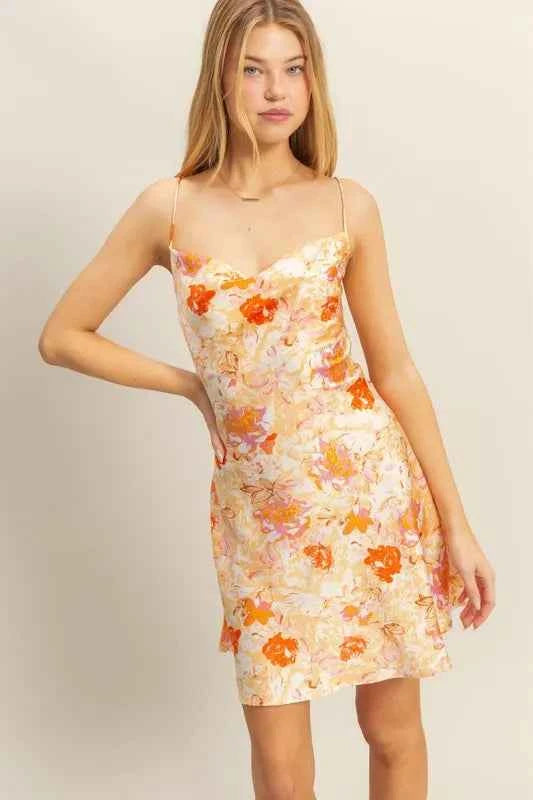 HYFVE Floral Cowl Neck Satin Mini Dress – Apple Green (Flirty Floral) - TreUS