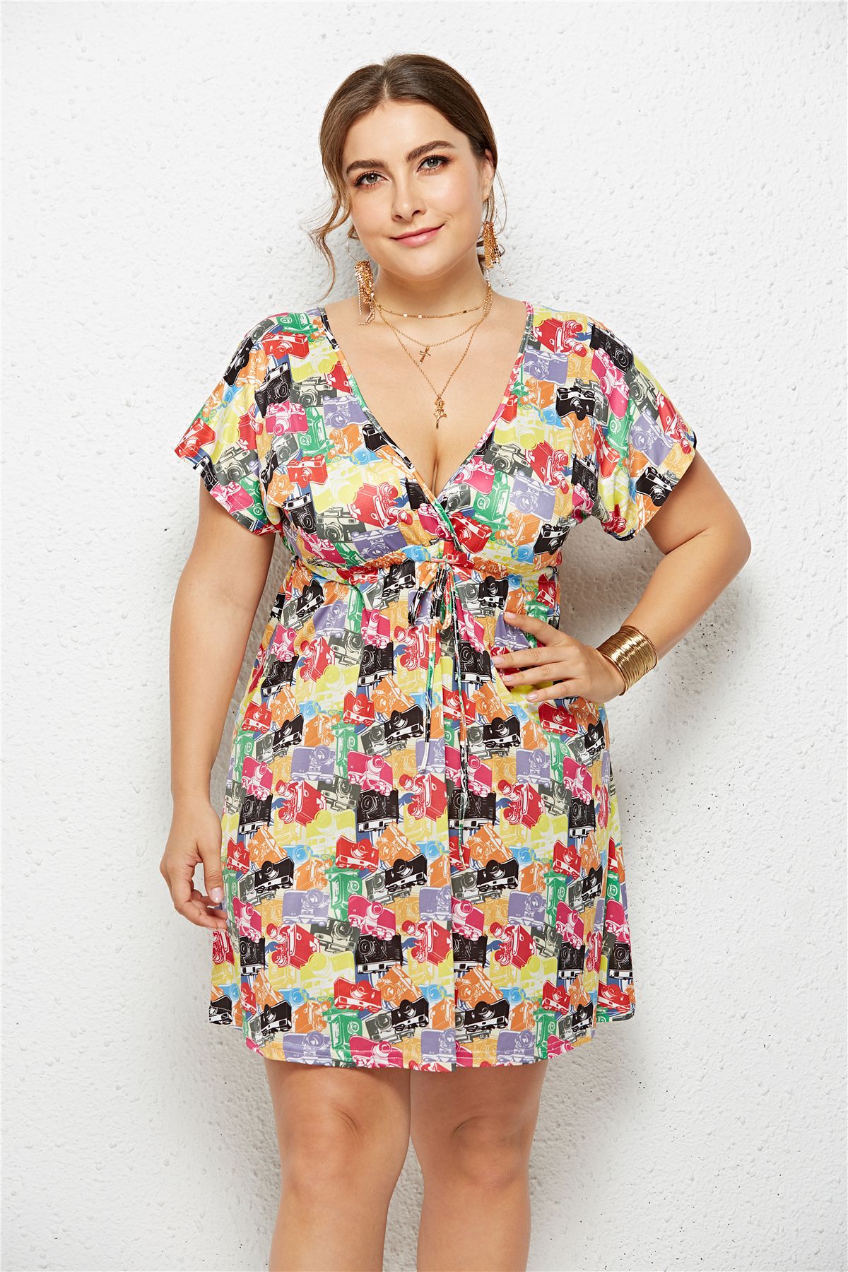 Deep V-Neck Printed Dress with Elastic Waist - PERSSIA