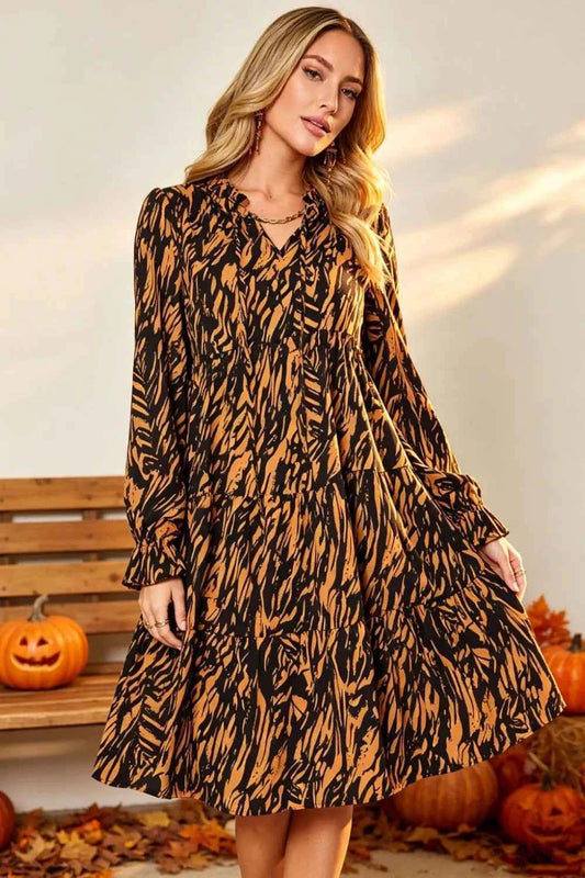 Double Take Full Size Printed Ruffle Hem Long Sleeve Dress Plus Size-Tre(INT8D)