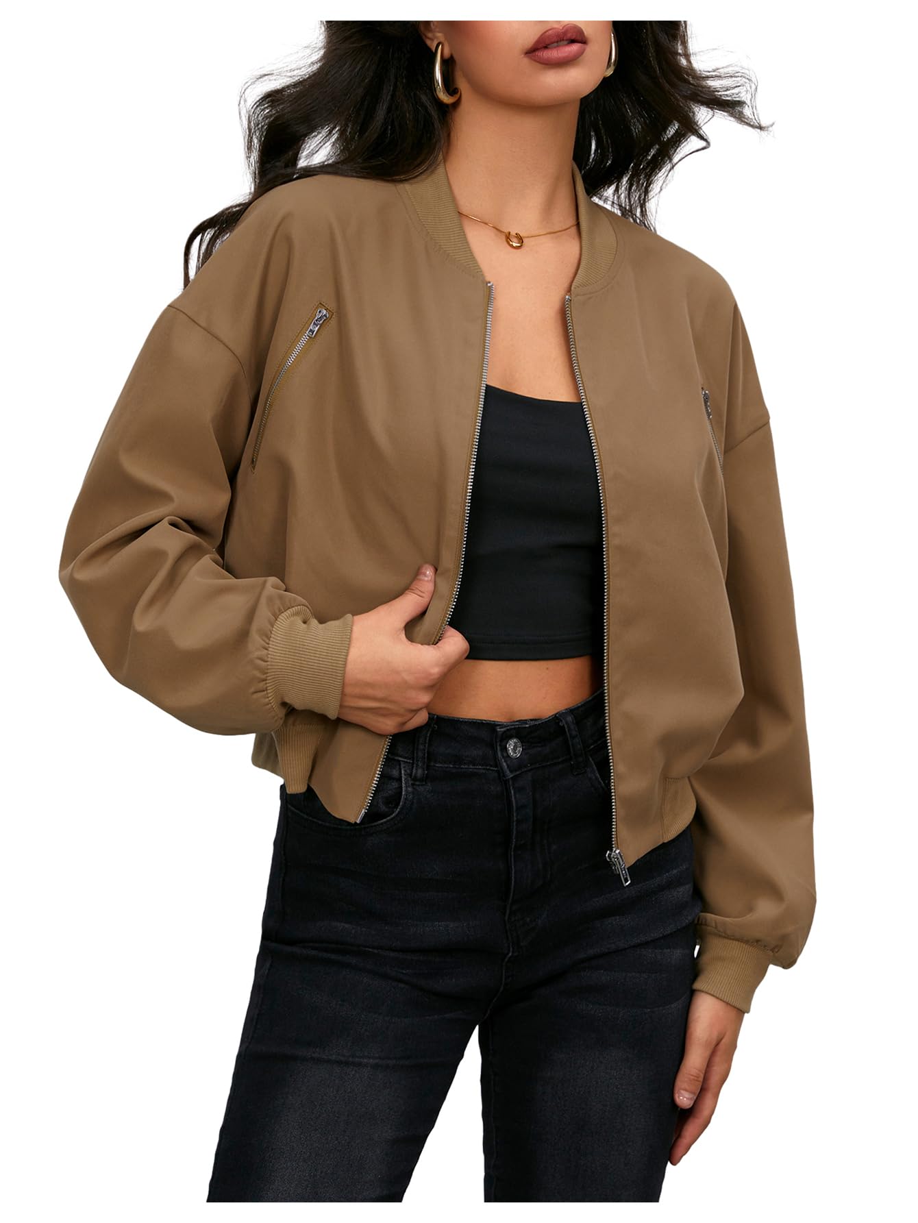 Perssia AeroCrop™ Women’s Lightweight Bomber — Modern Zip‑Up Street Jacket (Khaki) - PERSSIA