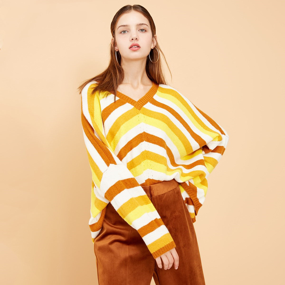 Striped Loose V‑Neck Knit Sweater – Women’s Modern Fit -INT8