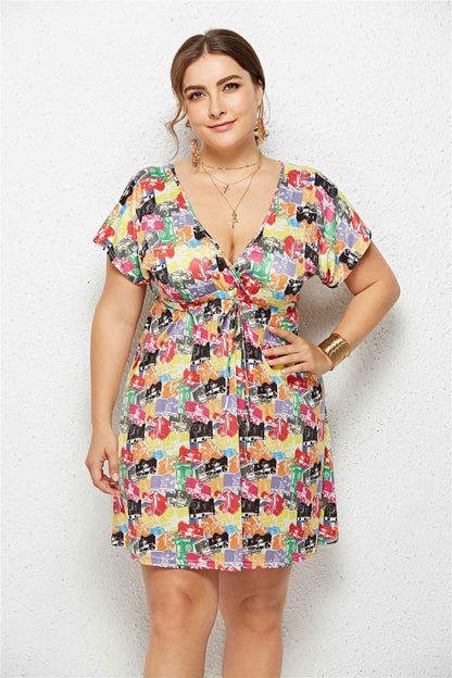 Deep V-Neck Printed Dress with Elastic Waist