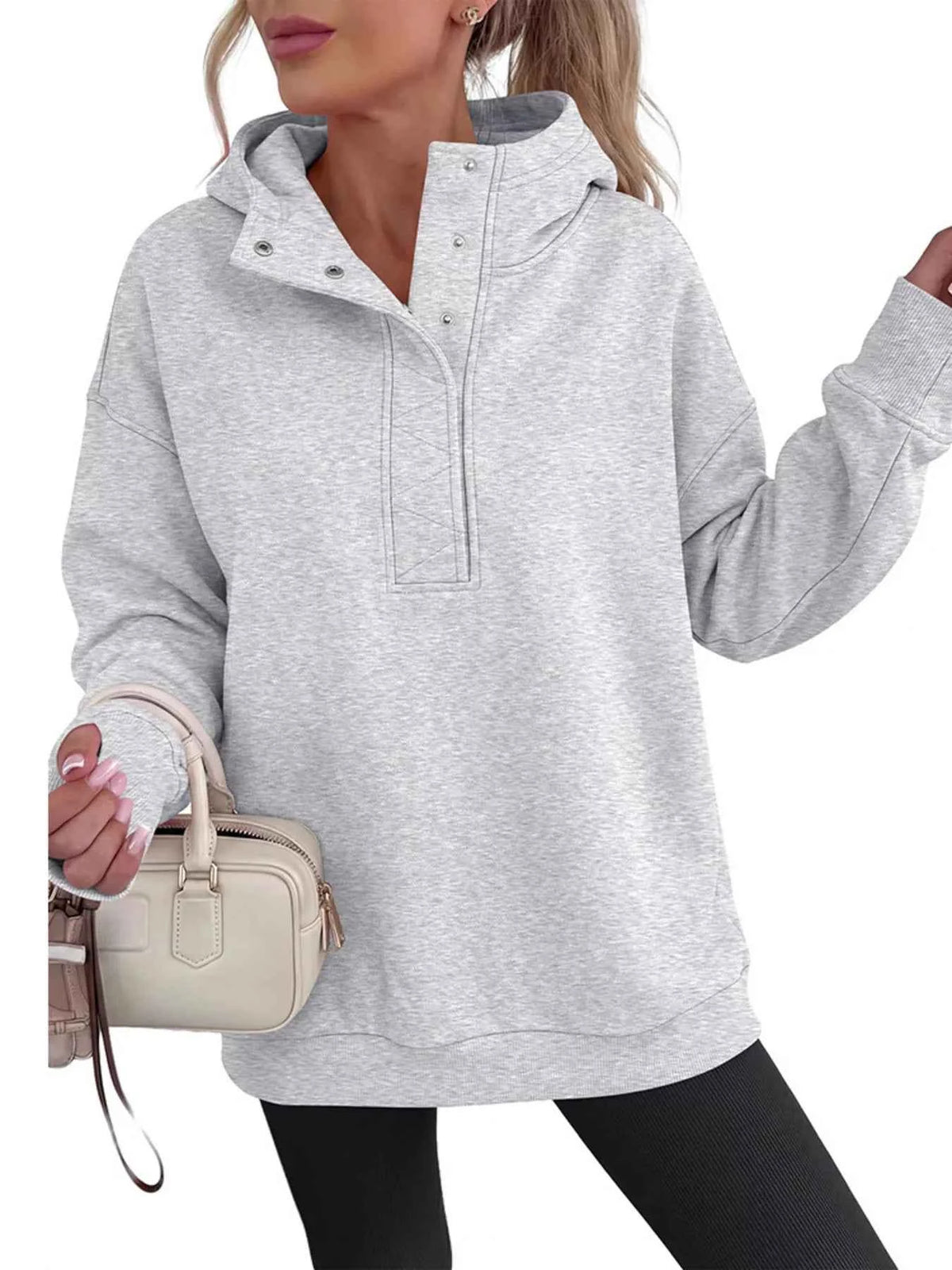Half Snap Dropped Shoulder Hoodie-Tre(INT8D)