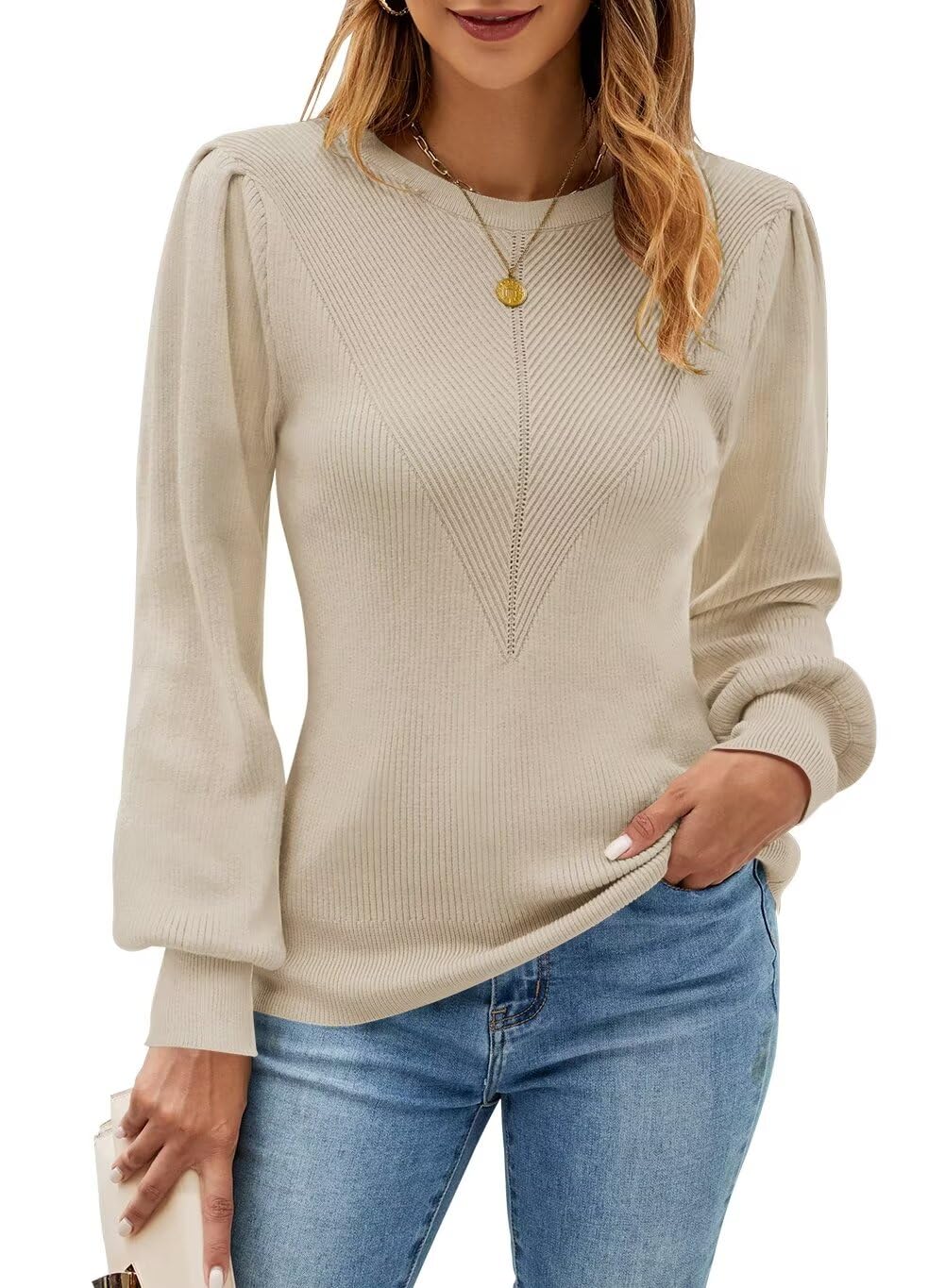FEKOAFE Puff Sleeve Slim Fit Sweater – Apricot L-US2D