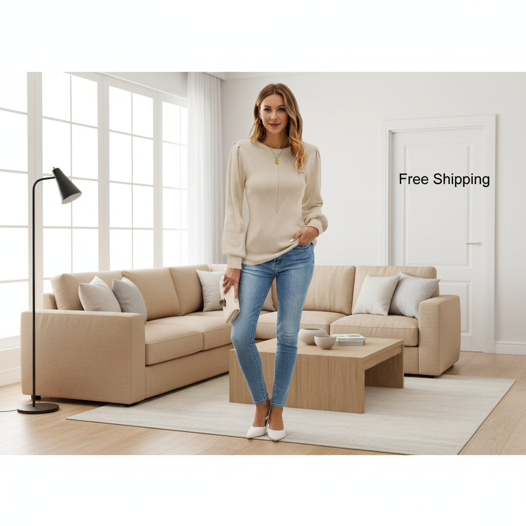 FEKOAFE Puff Sleeve Slim Fit Sweater – Apricot, Crew Neck, Stretch Knit, L‑US2D