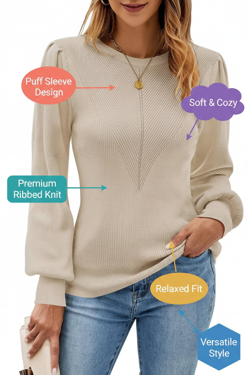 FEKOAFE Puff Sleeve Slim Fit Sweater – Apricot, Crew Neck, Stretch Knit, L‑US2D