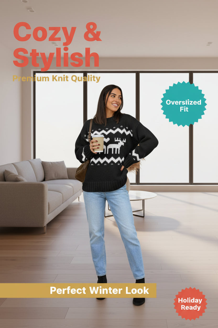 Saodimallsu Womens Oversized Christmas Sweaters Crewneck Chunky Reindeer Knit Long Sleeve Santa Xmas Pullover Sweater Black-US2D