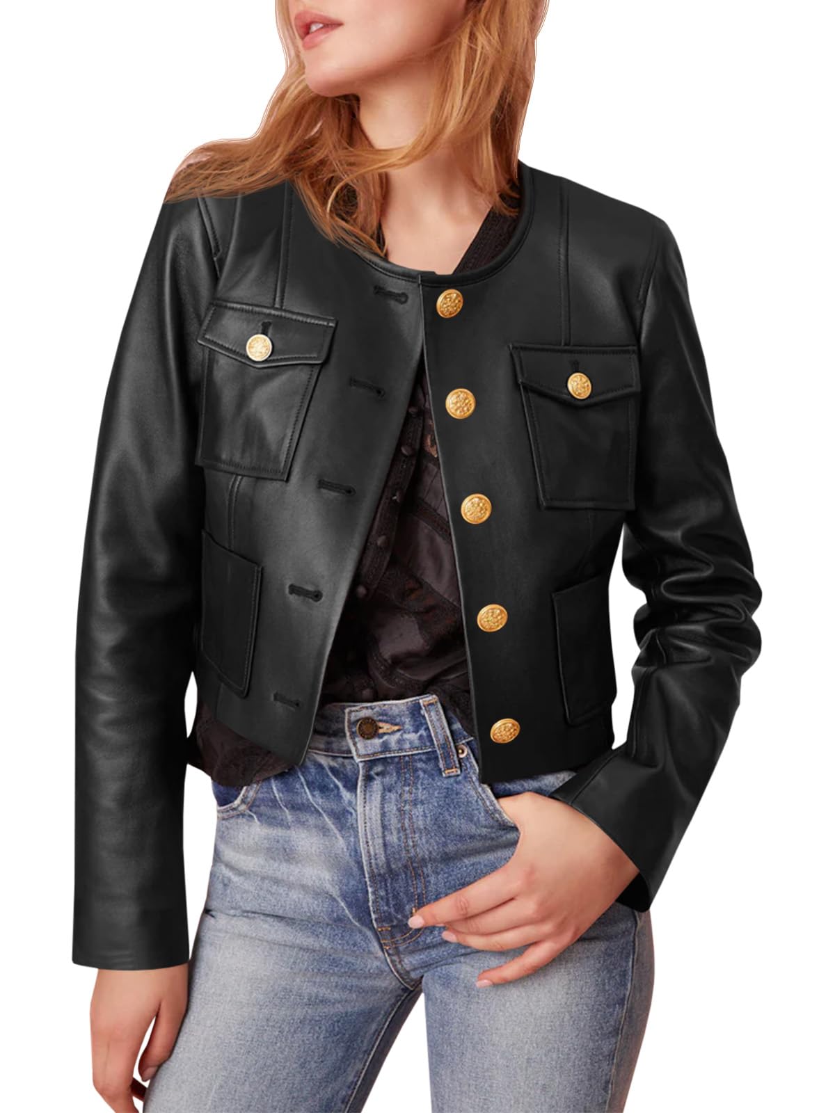 Perssia MotoCharm™ Cropped Faux Leather Jacket — Button‑Down Biker Coat with Chest Pockets - PERSSIA