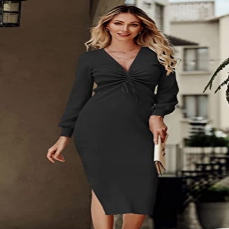 Women's Lantern Sleeve Deep V Ruffle Dress