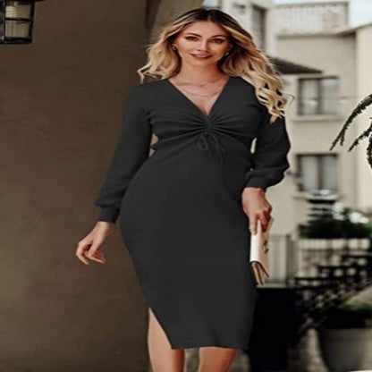Women's Lantern Sleeve Deep V Ruffle Dress