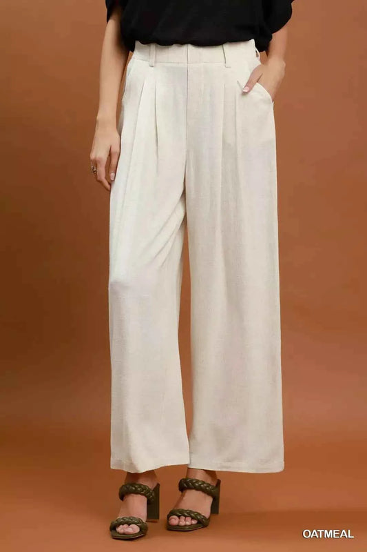 Umgee High Waist Linen Blend Wide Leg Trousers - TreUS