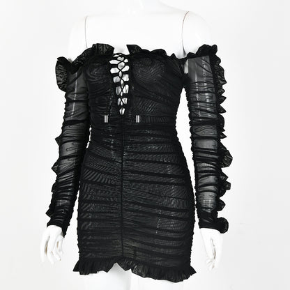 Fashionable Sheer Ruffle Long Sleeve Deep V Dress