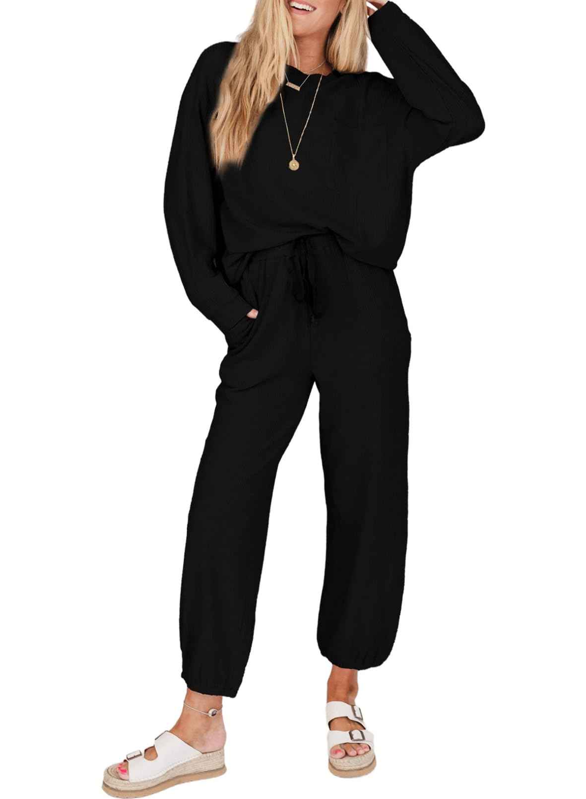 Perssia WaffleLuxe™ Lounge Set — Two‑Piece Crewneck Top & Loose Pants (Black | Medium)