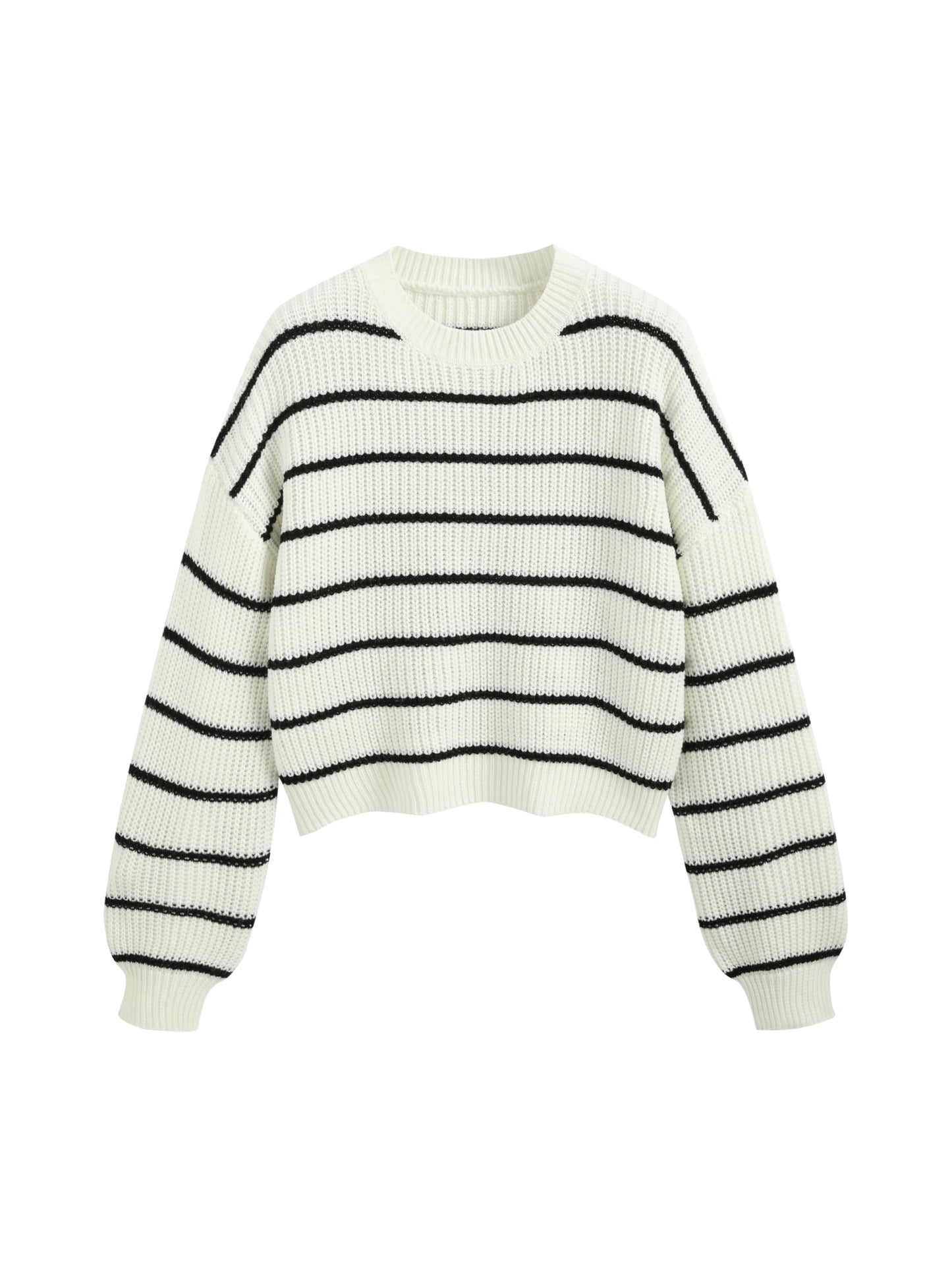 CIDER Women’s Cropped Striped Sweater Long Sleeve Crew Neck Trendy Pullover Tops: White S-US