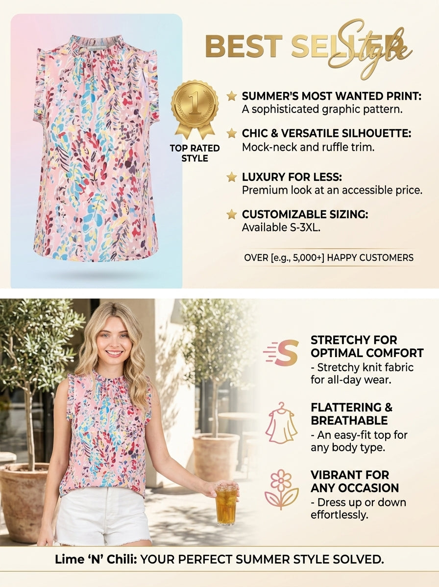 Lime ’N’ Chili Graphic Print Ruffle Trim Mock Neck Sleeveless Top – Plus Size - TreUS2D
