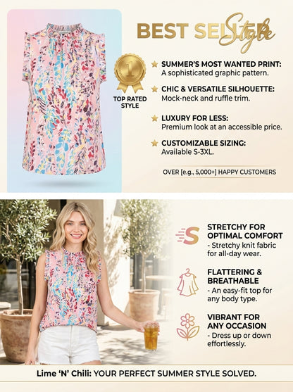 Lime ’N’ Chili Graphic Print Ruffle Trim Mock Neck Sleeveless Top – Plus Size - TreUS2D