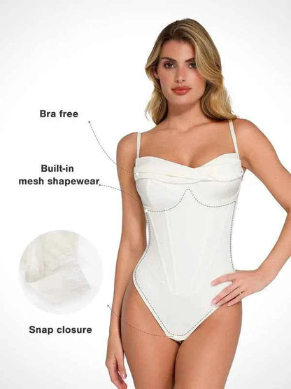 “CURVÉLUX™ CORSET FLOW BODYSUIT” Popilush Corset Bodysuit for Women Tummy Control Cowl Neck Thong Shapewear Bodysuits Going Out Tops White
