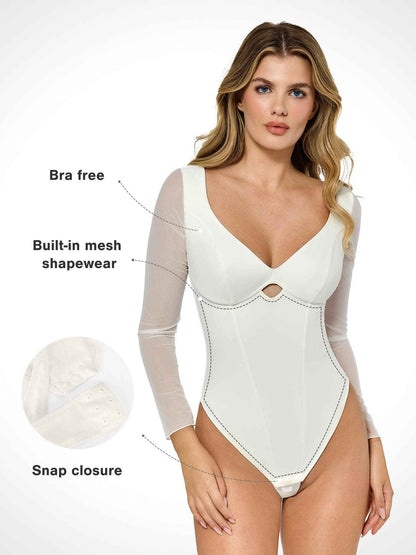 “NOCTURNA™ MESHSCULPT BODYSUIT” Popilush Long Sleeve Body Suits Womens Shapewear Bodysuit Tummy Control Going Out Mesh Corset Bodysuits for Women Tops V Neck Cutout Fall Winter White