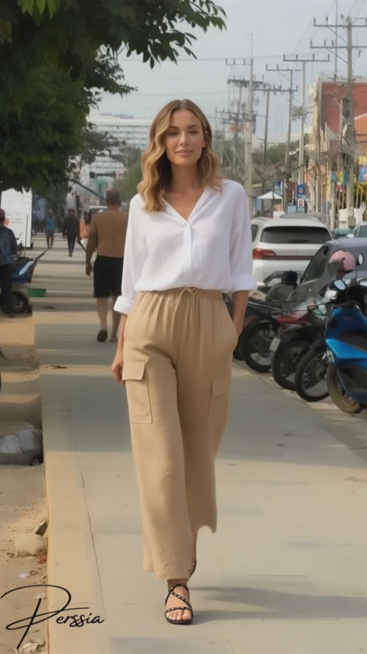 Drawstring Frilled Waist Wide Leg Utility Trousers – Khaki / Black / Dusty Blue - TreUS