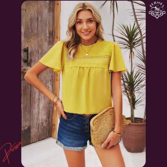 Devine Swiss Dot Smocked Round Neck Short Sleeve Blouse- TreUS