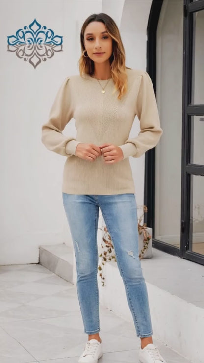 FEKOAFE Puff Sleeve Slim Fit Sweater – Apricot, Crew Neck, Stretch Knit, L‑US2D