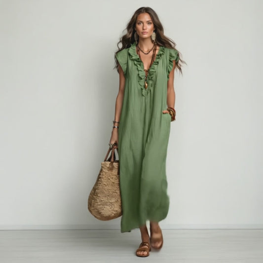 Full Size Ruffled V‑Neck Cap Sleeve Maxi Dress – Plus Size, Lightweight Polyester, S–3XL - TreUS