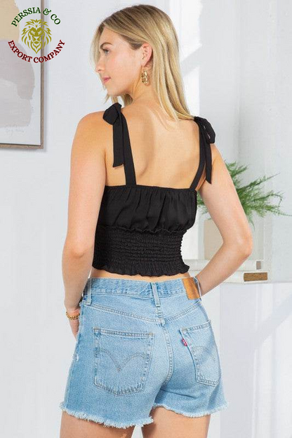 Cut Out Tie Shoulder Smocked Waist Top