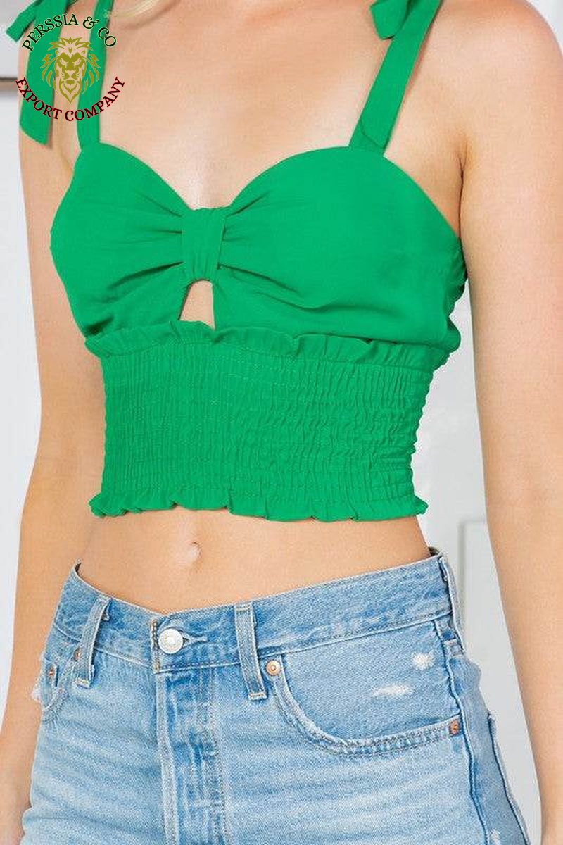 Cut Out Tie Shoulder Smocked Waist Top