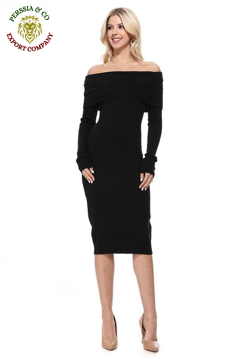 Off Shoulder Long Sleeve Slim Fit Midi Knit Dress