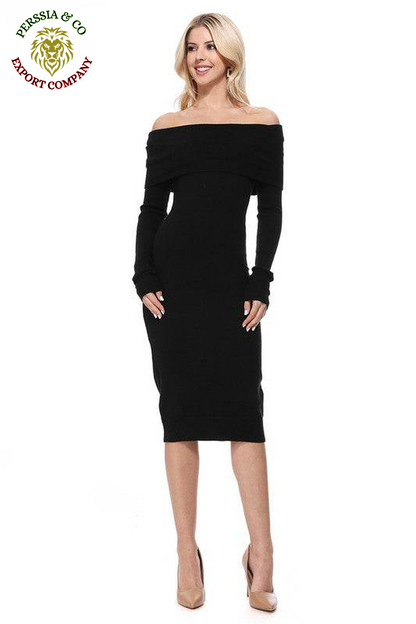 Off Shoulder Long Sleeve Slim Fit Midi Knit Dress