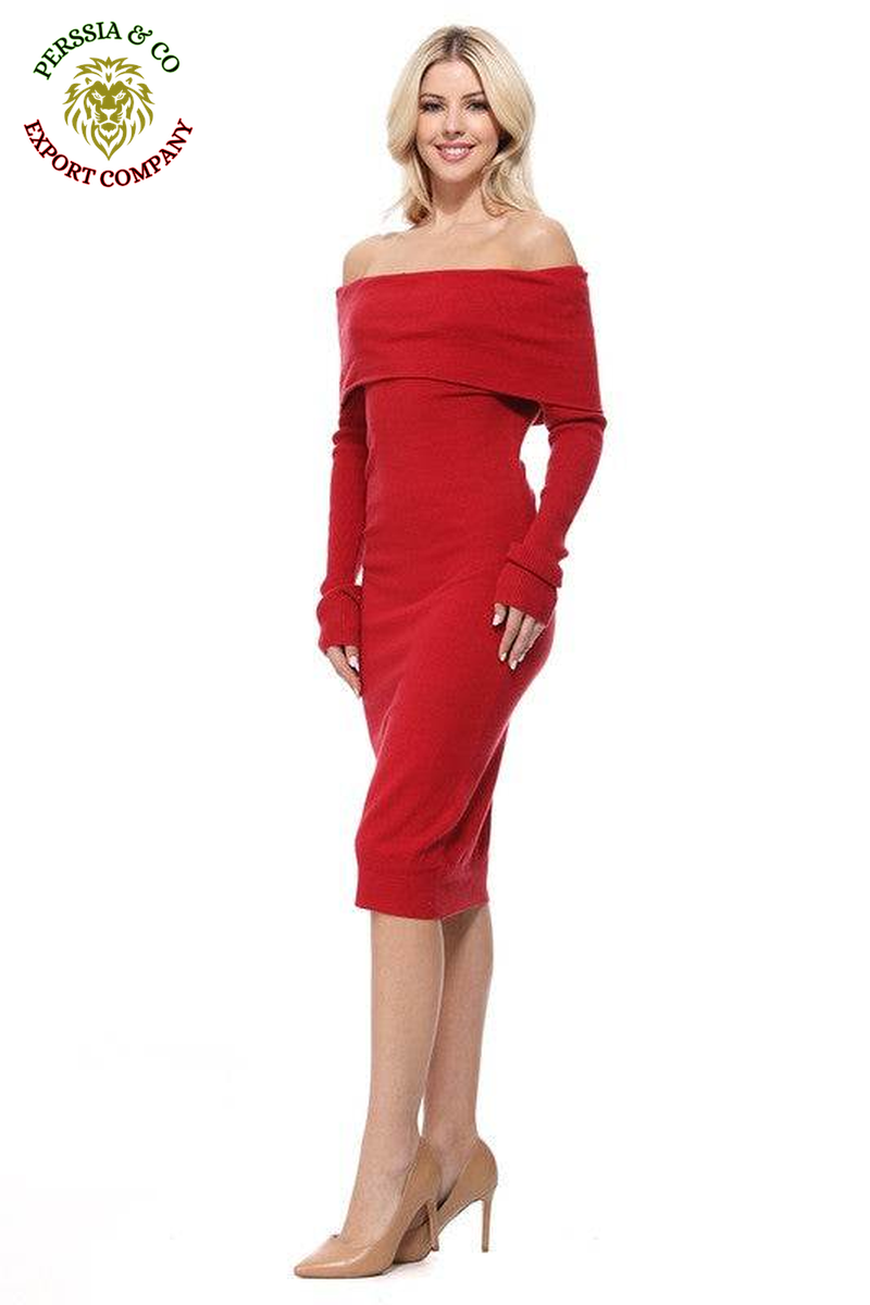 Off Shoulder Long Sleeve Slim Fit Midi Knit Dress