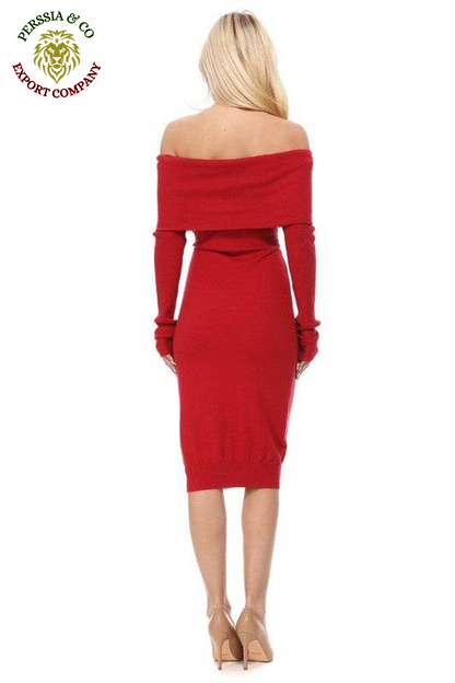 Off Shoulder Long Sleeve Slim Fit Midi Knit Dress