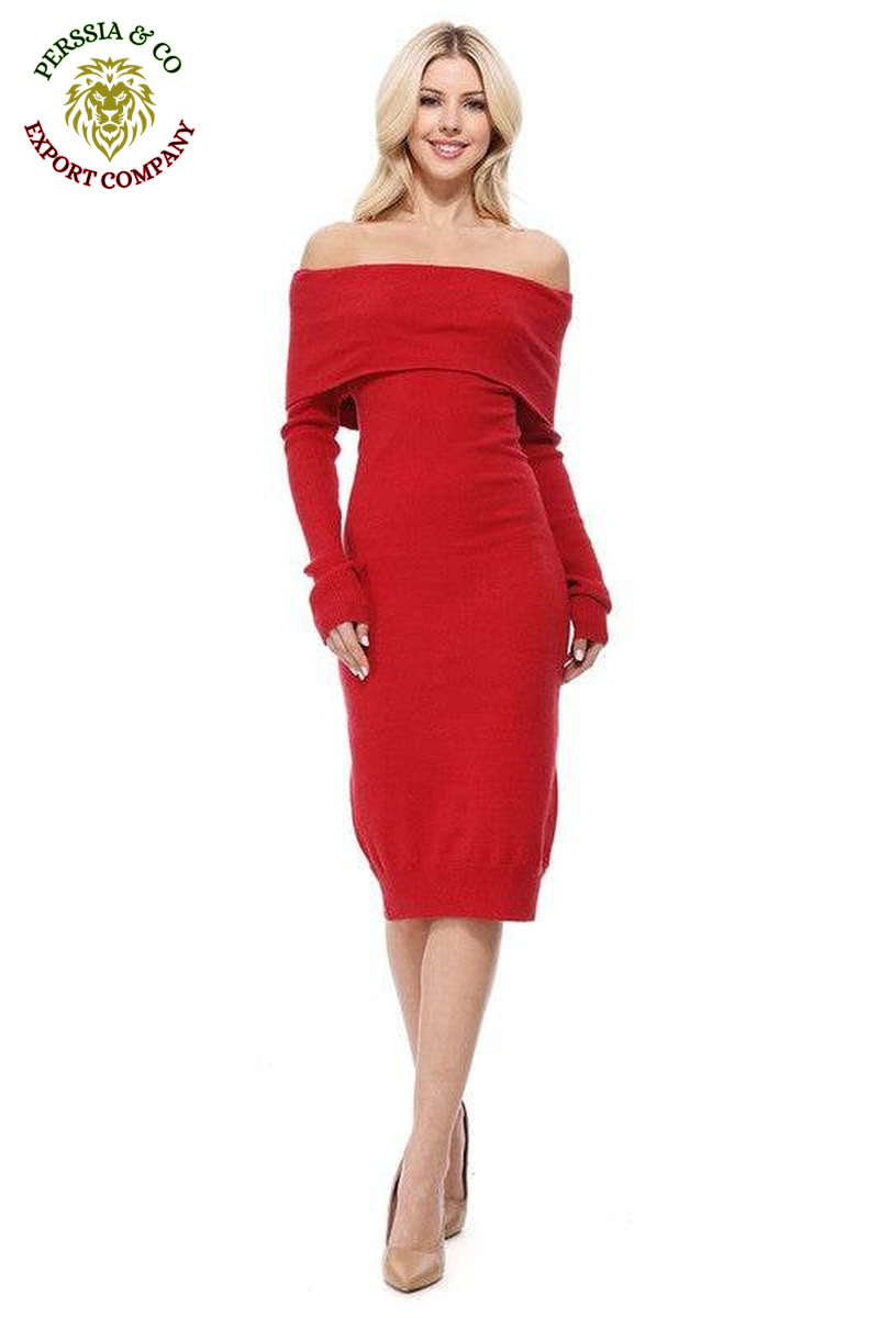 Off Shoulder Long Sleeve Slim Fit Midi Knit Dress
