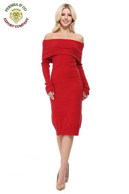 Off Shoulder Long Sleeve Slim Fit Midi Knit Dress