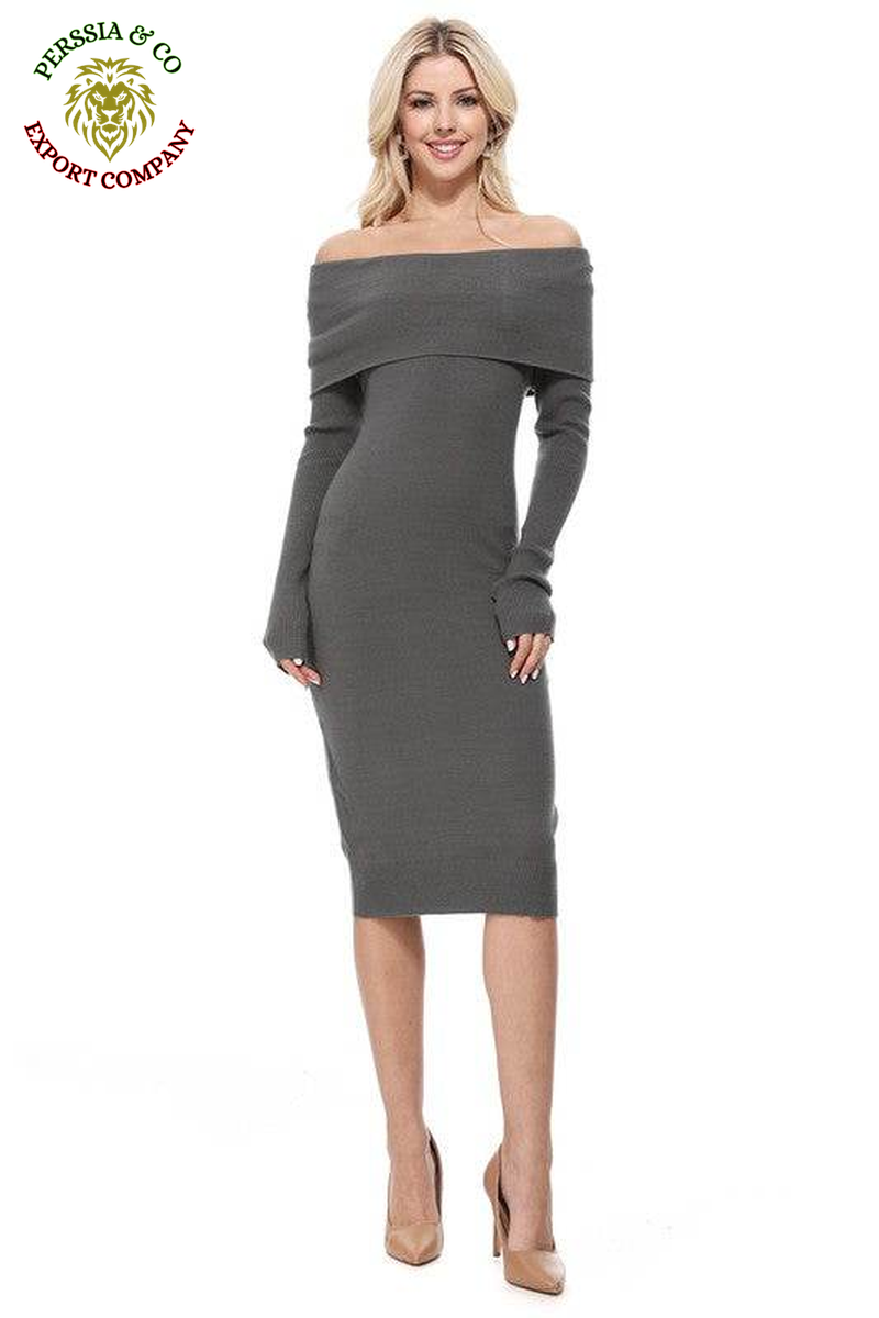 Off Shoulder Long Sleeve Slim Fit Midi Knit Dress