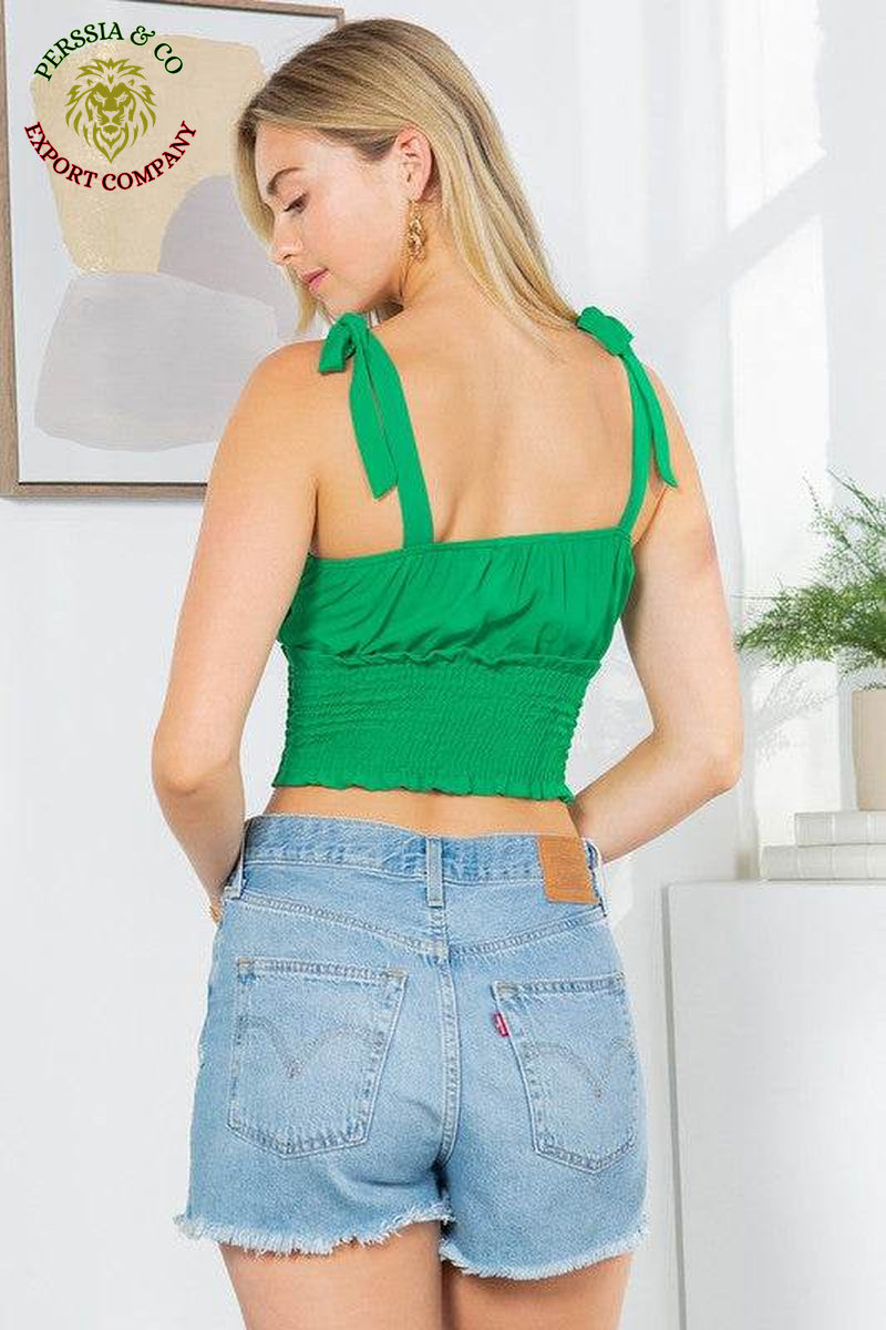 Cut Out Tie Shoulder Smocked Waist Top