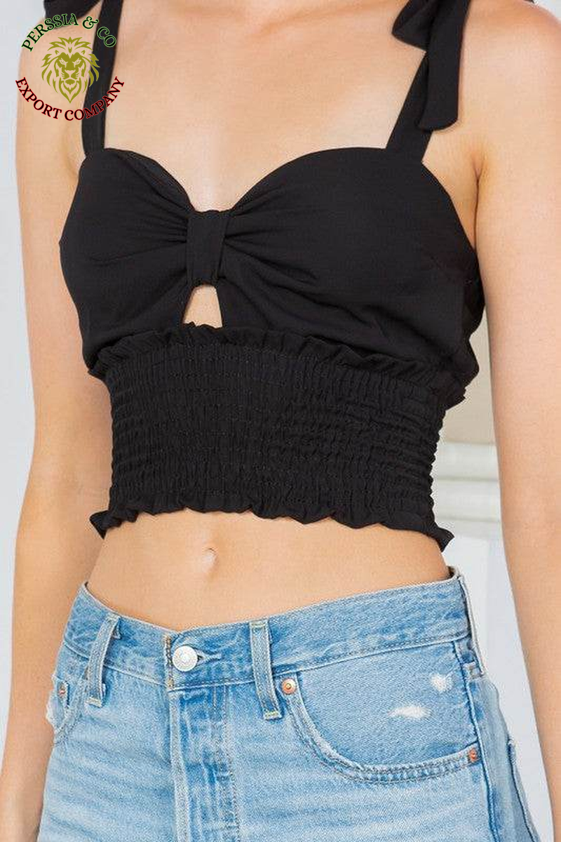 Cut Out Tie Shoulder Smocked Waist Top