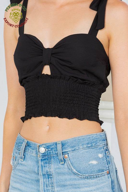 Cut Out Tie Shoulder Smocked Waist Top