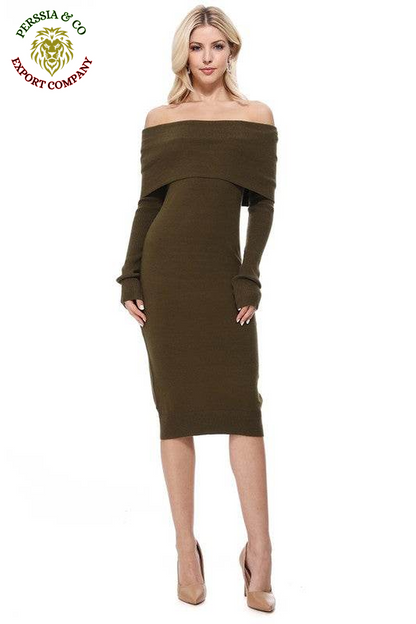Off Shoulder Long Sleeve Slim Fit Midi Knit Dress