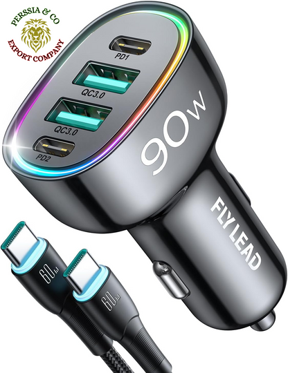 Car Charger USB C 90W 4-Port Car Phone Charger Compatible with Iphone 16/15/14/13/12 Pro Max plus [A Must for Family Travel] Super Fast Charging Cigarette Lighter Adapter Port