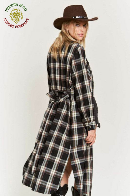 PLAID PRINT COLLAR LONG SHIRT DRESS PLUS