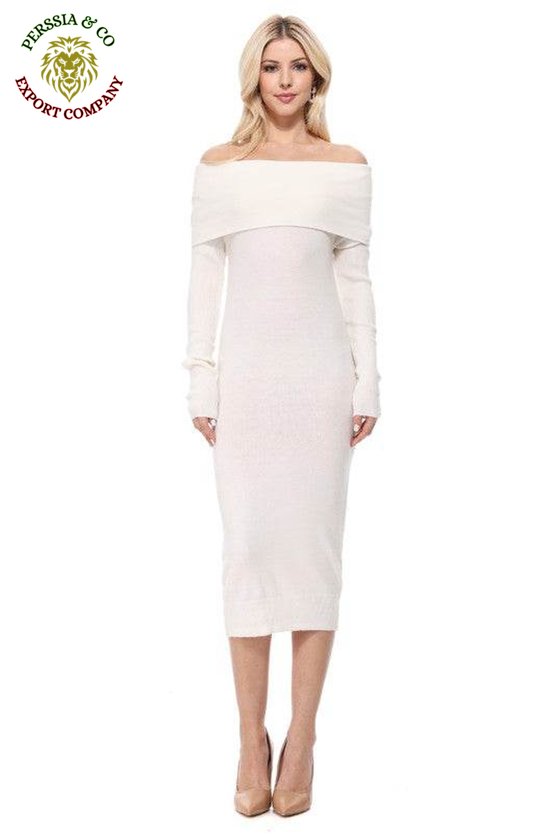 Off Shoulder Long Sleeve Slim Fit Midi Knit Dress