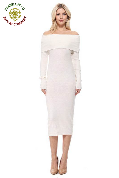 Off Shoulder Long Sleeve Slim Fit Midi Knit Dress