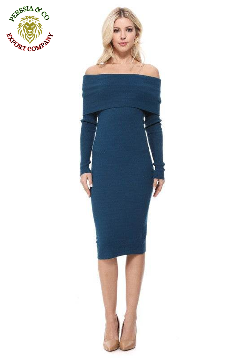 Off Shoulder Long Sleeve Slim Fit Midi Knit Dress